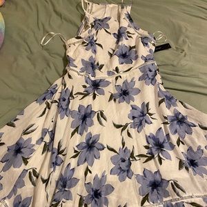 White and Blue Floral Calf Length Dress